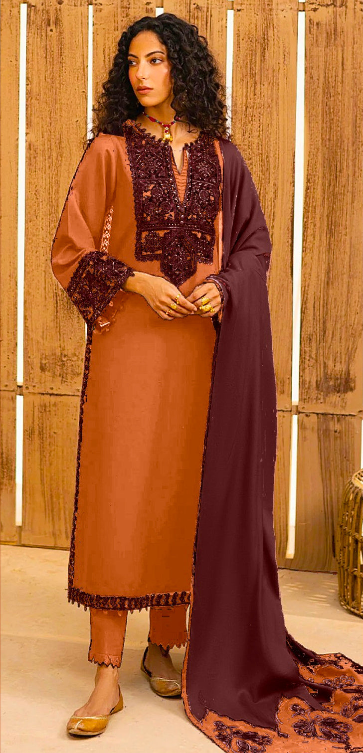 Elegant Two-Tone Embroidered Unstitched 3-Piece Suit