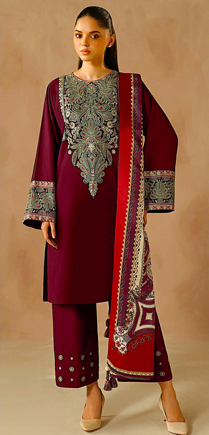 Regal Burgundy Embroidered 3-Piece Suit with Printed Dupatta